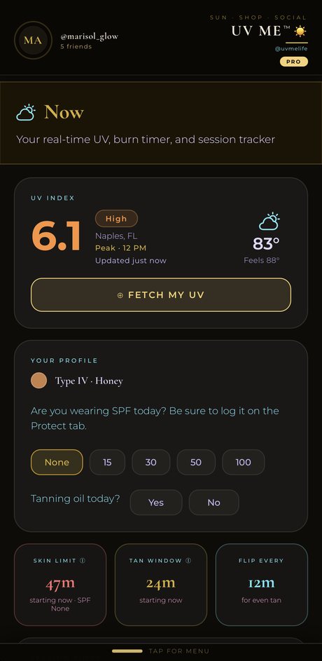 Now screen: live UV with your Skin Limit and Tan Window