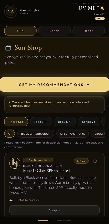 Sun Shop screen: SPF picks matched to your skin type
